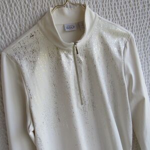 Zenergy Golf Ivory Zip Top L Long Sleeve Gold Metallic Dressy Hints Nylon Stret